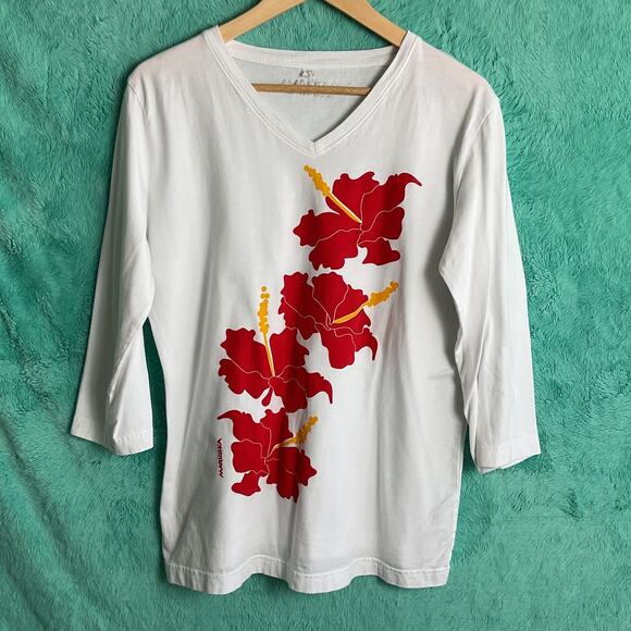 Marushka Womens Three Quarter Long Sleeve Hibiscus Screen Printed Tee Large - Picture 2 of 9